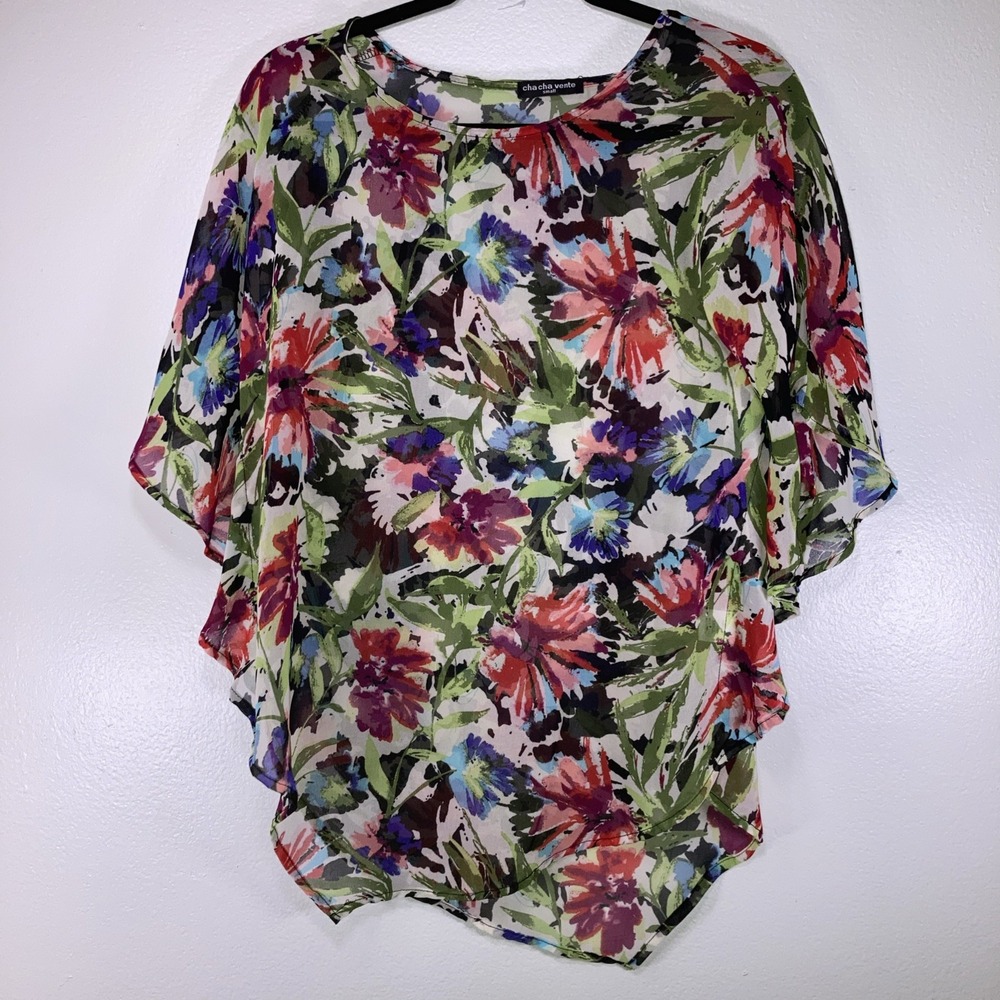 Cha Cha Vente Small Bright Floral Butterfly Sleeve Sheer Top